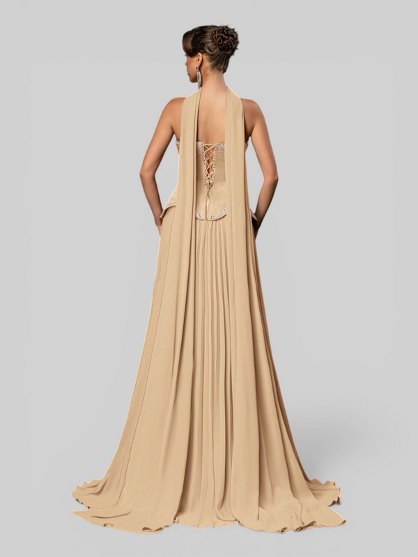 Vestido de Festa Super Luxo Plissado com Capa Removivél