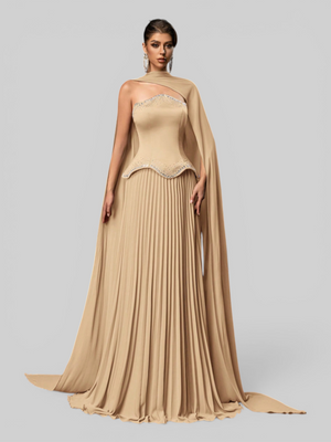 Vestido de Festa Super Luxo Plissado com Capa Removivél