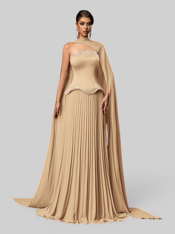 Vestido de Festa Super Luxo Plissado com Capa Removivél