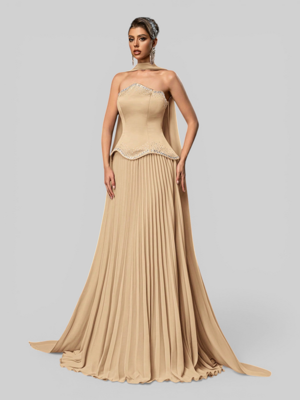 Vestido de Festa Super Luxo Plissado com Capa Removivél