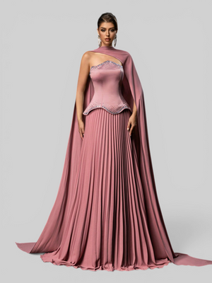 Vestido de Festa Super Luxo Plissado com Capa Removivél