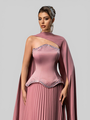 Vestido de Festa Super Luxo Plissado com Capa Removivél
