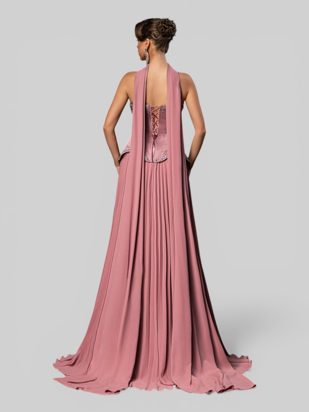 Vestido de Festa Super Luxo Plissado com Capa Removivél