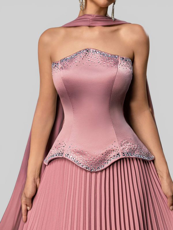 Vestido de Festa Super Luxo Plissado com Capa Removivél