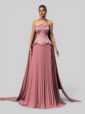 Vestido de Festa Super Luxo Plissado com Capa Removivél