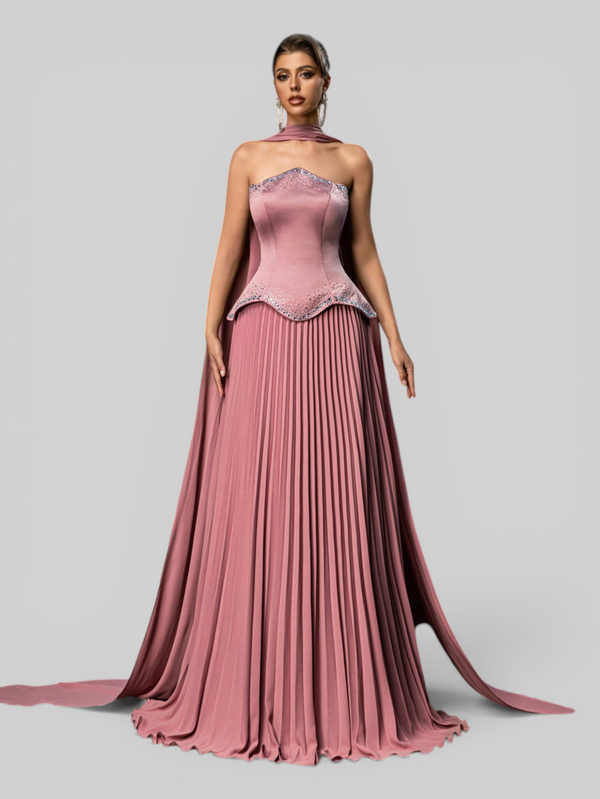 Vestido de Festa Super Luxo Plissado com Capa Removivél