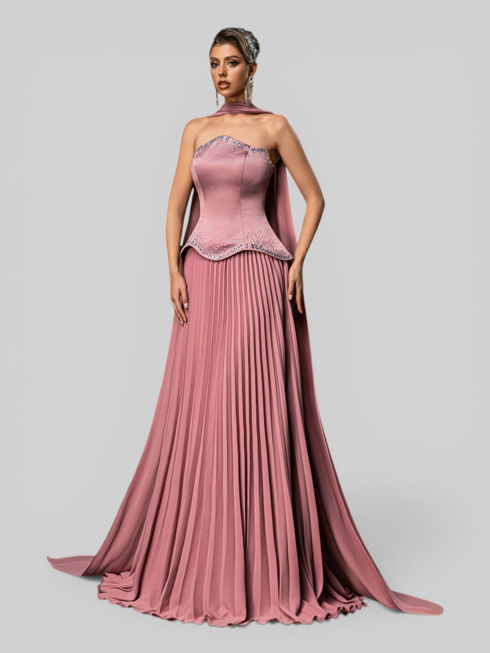 Vestido de Festa Super Luxo Plissado com Capa Removivél