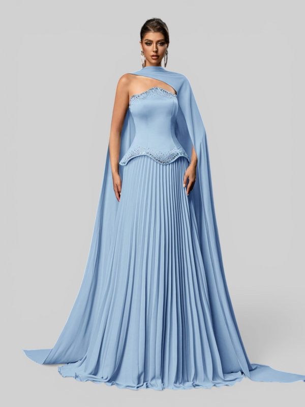Vestido de Festa Super Luxo Plissado com Capa Removivél