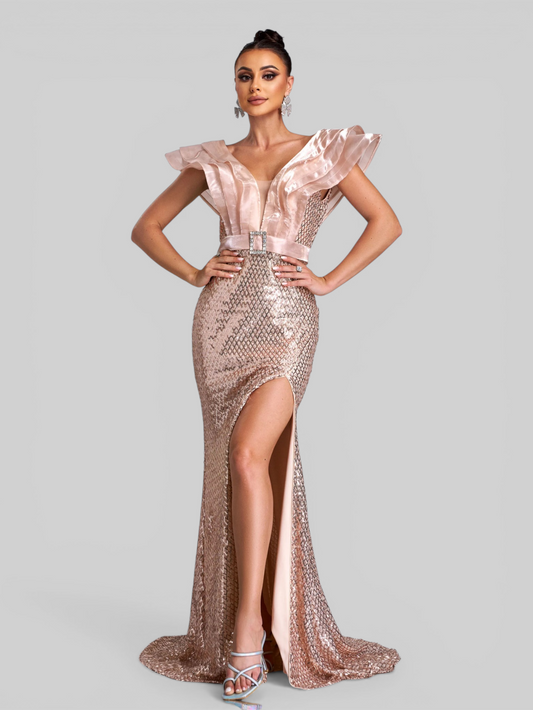 Vestido de Festa com Babados e Cinto Sidney New