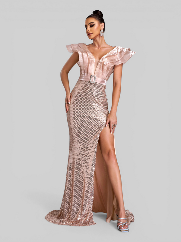 Vestido de Festa com Babados e Cinto Sidney New