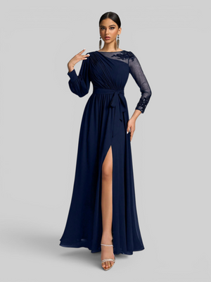 Vestido de Festa e Madrinha Manga Longa Bordado e Laço