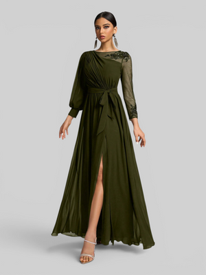 Vestido de Festa e Madrinha Manga Longa Bordado e Laço