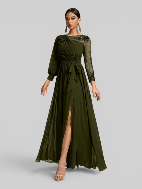 Vestido de Festa e Madrinha Manga Longa Bordado e Laço