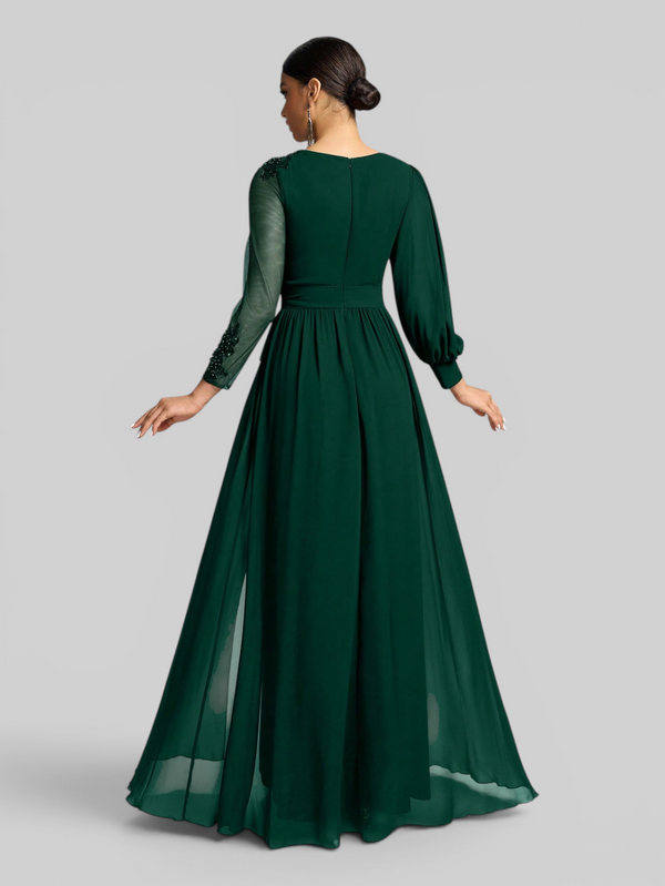 Vestido de Festa e Madrinha Manga Longa Bordado e Laço