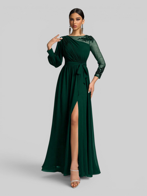 Vestido de Festa e Madrinha Manga Longa Bordado e Laço