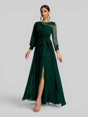 Vestido de Festa e Madrinha Manga Longa Bordado e Laço