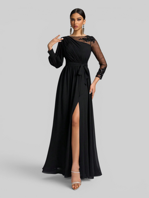 Vestido de Festa e Madrinha Manga Longa Bordado e Laço