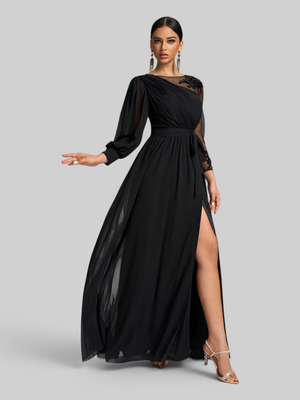 Vestido de Festa e Madrinha Manga Longa Bordado e Laço
