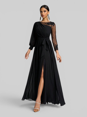 Vestido de Festa e Madrinha Manga Longa Bordado e Laço