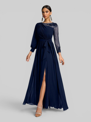Vestido de Festa e Madrinha Manga Longa Bordado e Laço