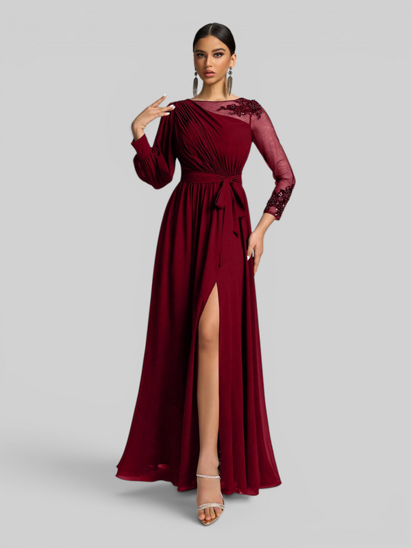 Vestido de Festa e Madrinha Manga Longa Bordado e Laço