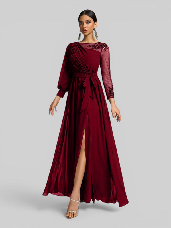 Vestido de Festa e Madrinha Manga Longa Bordado e Laço