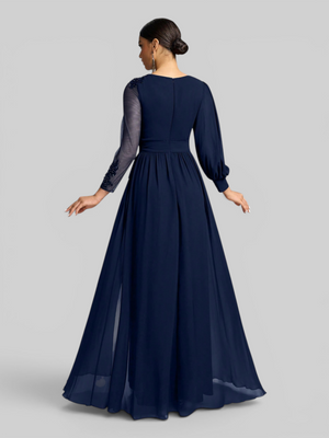 Vestido de Festa e Madrinha Manga Longa Bordado e Laço