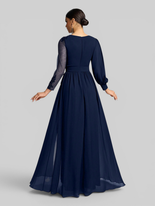 Vestido de Festa e Madrinha Manga Longa Bordado e Laço