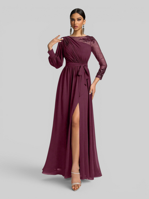 Vestido de Festa e Madrinha Manga Longa Bordado e Laço