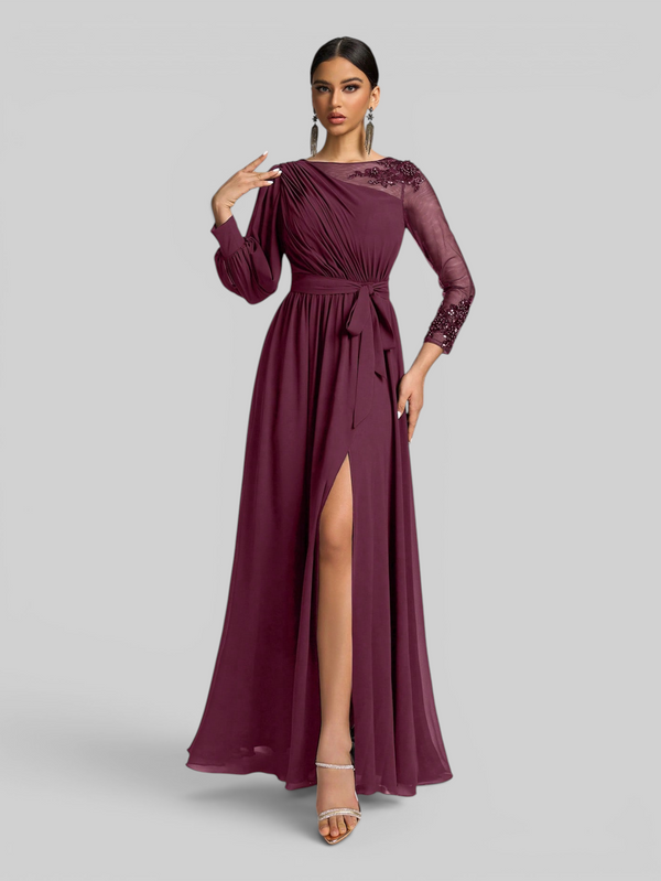 Vestido de Festa e Madrinha Manga Longa Bordado e Laço
