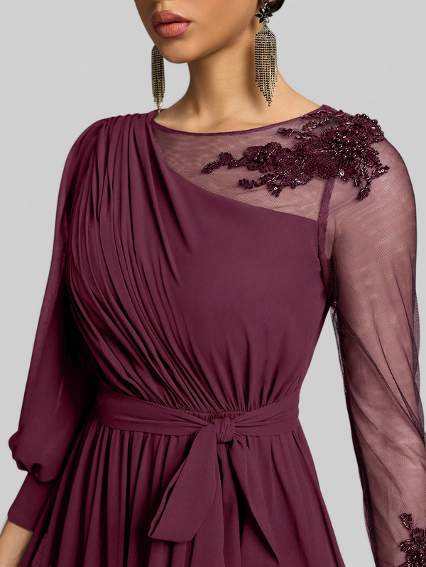 Vestido de Festa e Madrinha Manga Longa Bordado e Laço