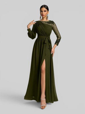 Vestido de Festa e Madrinha Manga Longa Bordado e Laço