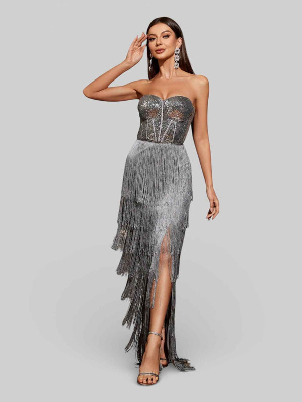 Vestido de Festa sem Alças com Franjas Margott