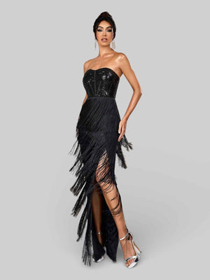 Vestido de Festa sem Alças com Franjas Margott