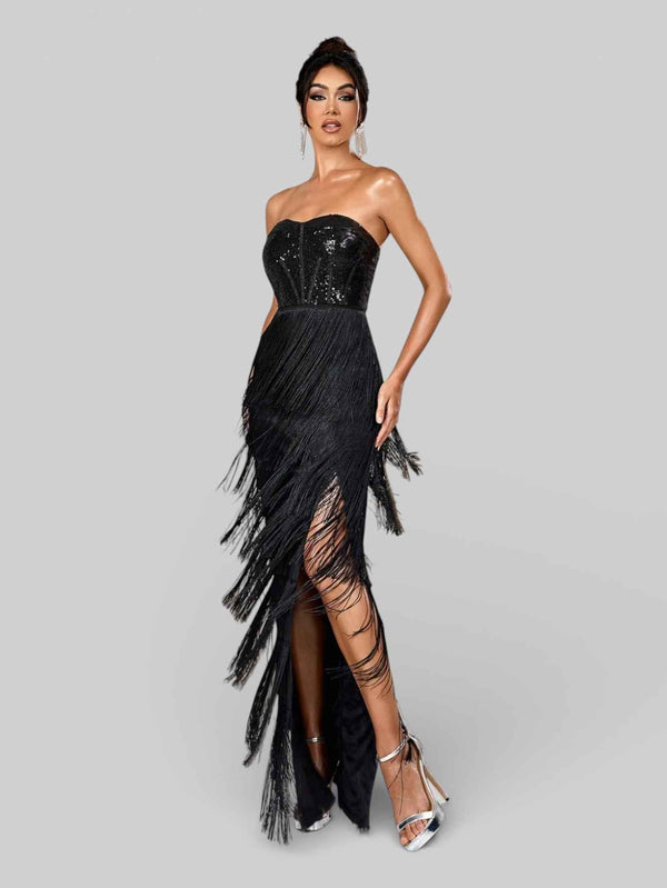 Vestido de Festa sem Alças com Franjas Margott