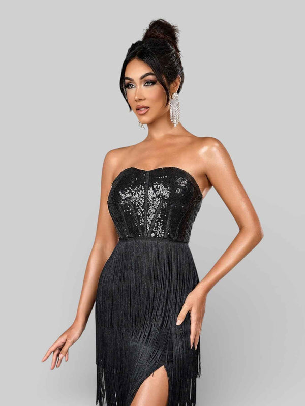 Vestido de Festa sem Alças com Franjas Margott
