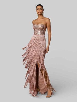 Vestido de Festa sem Alças com Franjas Margott