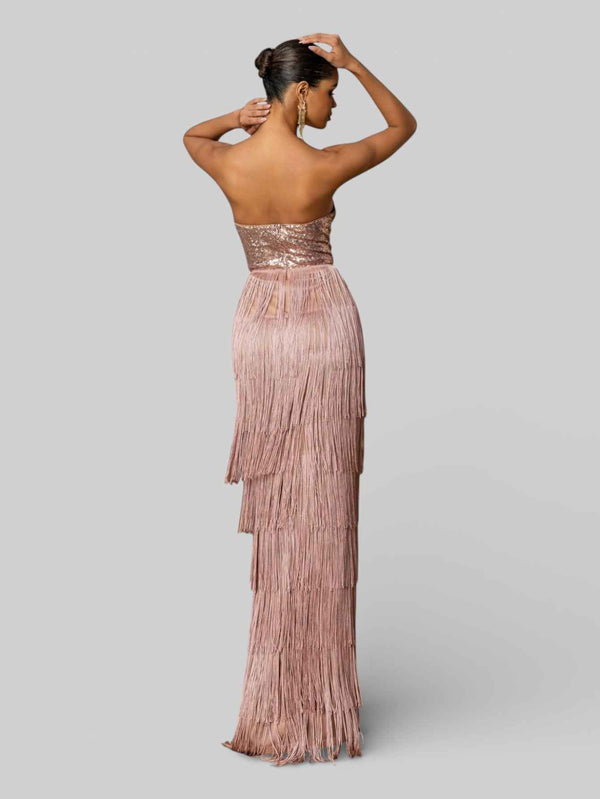 Vestido de Festa sem Alças com Franjas Margott