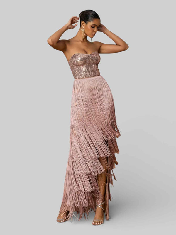 Vestido de Festa sem Alças com Franjas Margott