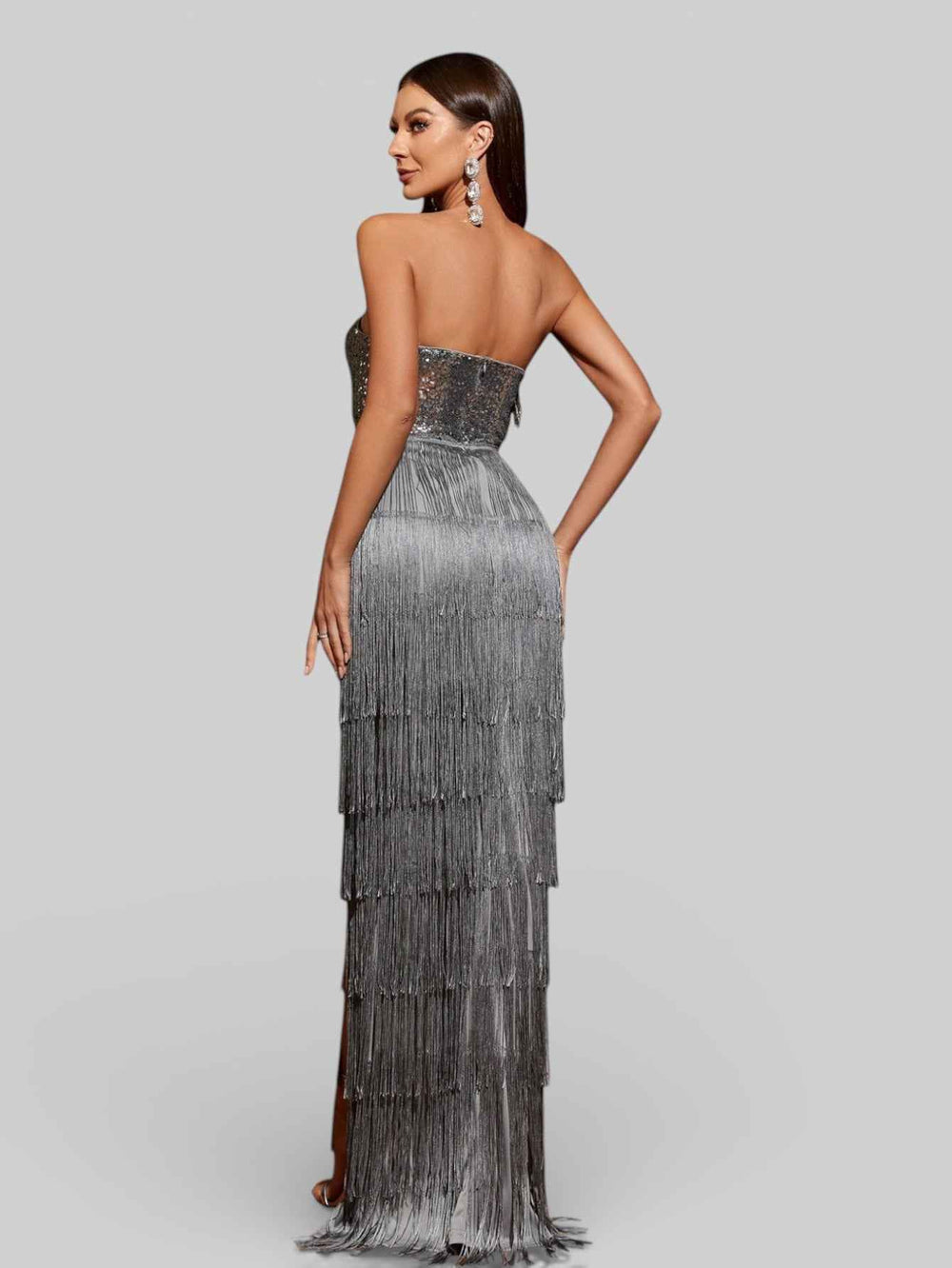 Vestido de Festa sem Alças com Franjas Margott