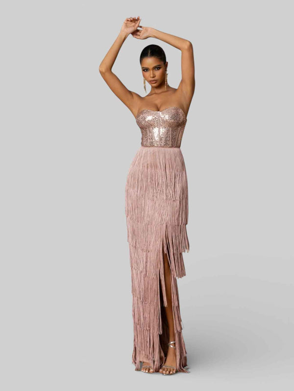 Vestido de Festa sem Alças com Franjas Margott