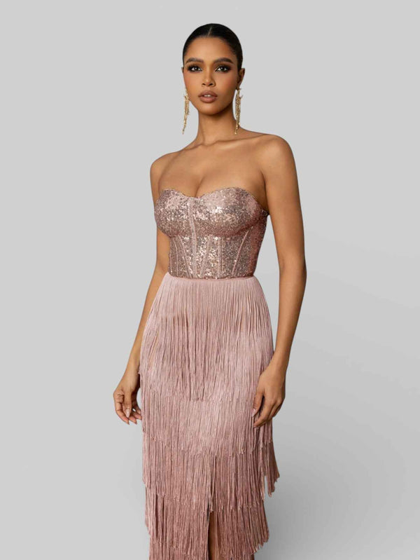 Vestido de Festa sem Alças com Franjas Margott