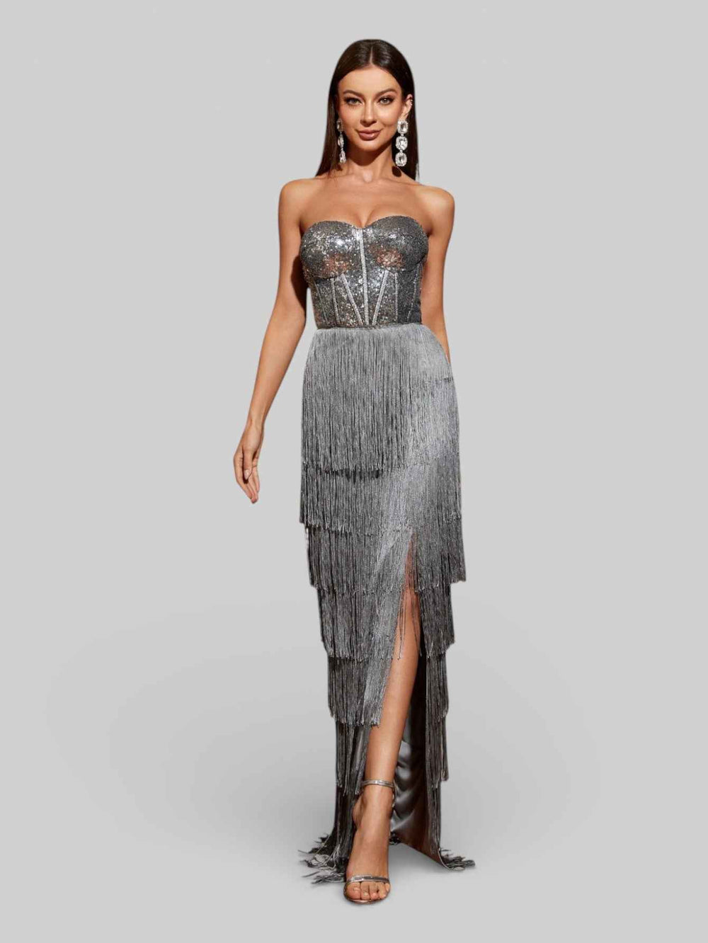 Vestido de Festa sem Alças com Franjas Margott