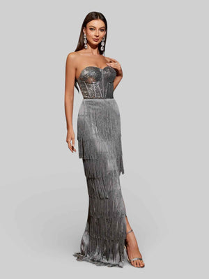 Vestido de Festa sem Alças com Franjas Margott