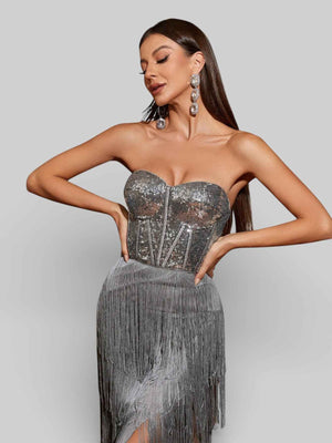 Vestido de Festa sem Alças com Franjas Margott