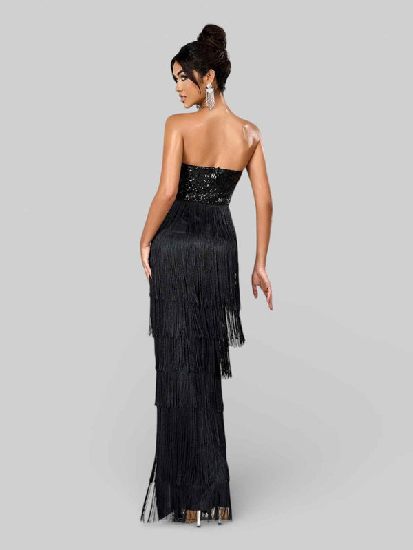 Vestido de Festa sem Alças com Franjas Margott