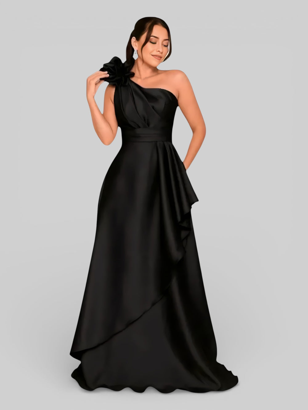 Vestido de Festa Longo Nula Manga com Flor Drape