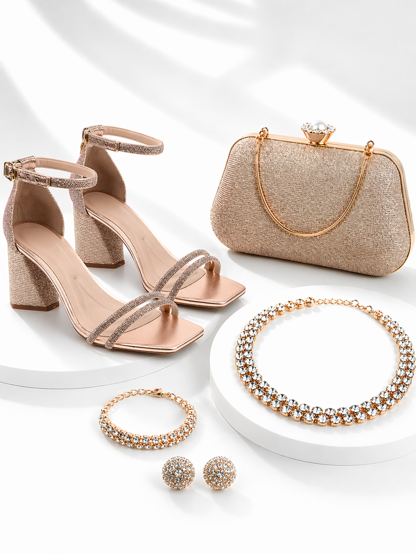 Kit Festa Elegante Sandália Salto + Bolsa Clutch + Acessórios