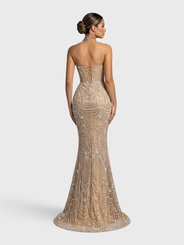Vestido de Festa Longo Premium Gola Halter Pérolas Stella
