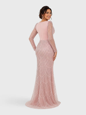 Vestido de Festa Premium Manga Longa com Bordado e Apliques Pérolado